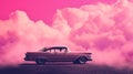 Surreal Scene With An Old-Fashioned Car Against A Background Of Neon Pink Clouds. Generative AI
