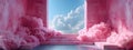 Surreal scene of a podium surrounded by pink clouds and reflective water Royalty Free Stock Photo