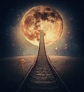 Surreal scene and a railway leading up to the moon. Imaginary night travel on a railroad transforming into a stairway going