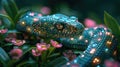 Surreal Scene of a Robotic Snake Slithering Through a Field of Glowing Binary Code Flowers: A Unique Blend of Nature and