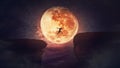 Surreal scene, self overcome concept, as determined man jump over a chasm obstacle. Way to win and success over starry night with Royalty Free Stock Photo