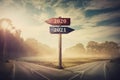 Surreal scene with a split road and signpost arrows showing two different courses, left and right, past and future, old 2020 and Royalty Free Stock Photo