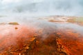 Surreal scene of a stream through orange bacterial mats in Yellowstone