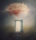 Surreal scene, teleportation concept, time and space traveling through a open door on a mystic land. Magic cloud in the sky,