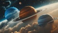 Three Ringed Planets Floating Above The Clouds In A Starry Sky With Another Planet In The Distance Royalty Free Stock Photo