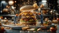 A surreal scene of tiny workers assembling a double cheeseburger with melted cheese, pickles, and tomatoes, creating a