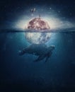 Surreal scene with a turtle, huge sea creature, carrying the full moon with a lone sailor on the top. Fantasy underwater seascape Royalty Free Stock Photo