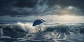 A surreal scene of an umbrella floating above a stormy sea, evoking a sense of resilience and hope, concept of Symbolism