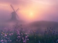 Surreal scene of a windmill where the tundra meets a wildflower meadow, mystical fog, twilight, soft focus, panoramic view