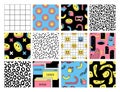 Surreal seamless patterns with emoji, arch, geometric, abstract shapes and cartoon characters in weird cartoon style.