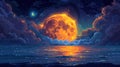 Surreal seascape with beautiful full moon and shimmering sea surface view illustration