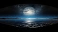 Surreal seascape with beautiful nebula, silver full moon and shimmering sea surface. generative ai