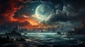 Surreal seascape with beautiful nebula, silver full moon and shimmering sea surface. generative ai