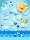 Surreal seascape with big sun, balloons, birds and flying fishes