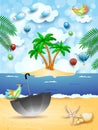 Surreal seascape with island, umbrella and flying fishes