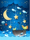 Surreal seascape with moon, umbrella, birds, balloons and flying fishes