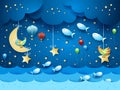 Surreal seascape by night with balloons, birds and flying fishes