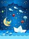 Surreal seascape by night, with paper boat and flying fishes