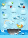 Surreal seascape with umbrella, birds, balloons and flying fishes