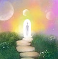 Surreal illustration. silhouette of a person in the doorway, a portal between worlds, a spiritual being, spiritual issues of Royalty Free Stock Photo