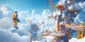 Surreal Sky City A Dreamlike Artwork Featuring a Man Flying Above Clouds Royalty Free Stock Photo