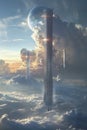 Surreal Skyscrapers Emerging from Clouds in a Dreamlike Fantasy Sky at Sunset, Ethereal Cityscape Concept Art