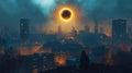 Surreal Solar Eclipse Above Cityscape with Person in the Foreground Royalty Free Stock Photo