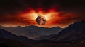 Surreal solar eclipse at sunset over mountains. Mystical eclipse illustration over a desert mountain range. Royalty Free Stock Photo