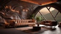 Surreal Spaceship Living Space With Natural Stone Wall And Wood Furniture