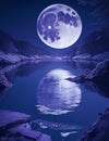 surreal sparkling glacial purple colors, full bright shining moon, shimmering waters of a gently traveling river,