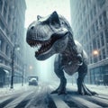 Tyrannosaurus Rex wanders the streets of a wintery city