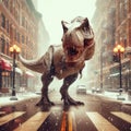 Tyrannosaurus Rex wanders the streets of a wintery city