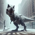 Tyrannosaurus Rex wanders the streets of a wintery city