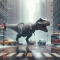 Tyrannosaurus Rex wanders the streets of a wintery city