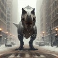 Tyrannosaurus Rex wanders the streets of a wintery city