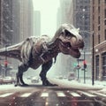 Tyrannosaurus Rex wanders the streets of a wintery city