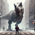Tyrannosaurus Rex wanders the streets of a wintery city