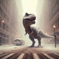 Tyrannosaurus Rex wanders the streets of a wintery city