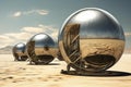 Surreal spheres in yard of futuristic building. Generate ai