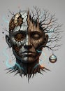 Surreal split face clockwork gears and dead tree branches Royalty Free Stock Photo