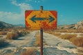 Surreal split road signpost with arrows presenting a challenging decision. Concept Surrealism, Royalty Free Stock Photo