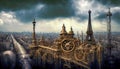 Surreal Steampunk Paris City Skyline, Eiffel Tower Royalty Free Stock Photo