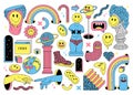 Surreal sticker pack. Ancient culpture, emoji, rainbow, arch, space, stairs etc in trendy weird cartoon style.