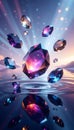 Floating Faceted Gemstones Above Water with Cinematic Light Reflections Royalty Free Stock Photo