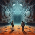 Surreal still life, time and space concept. Two men looking on classic clock in blue, yellow cave Royalty Free Stock Photo