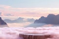 Surreal stone podium outdoors on clouds in soft blue sky pink pastel misty mountain nature landscape.