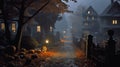 Surreal street with intricately carved jack-o-lanterns and eerie fog. Mysterious and enchanting background capturing