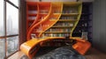 Surreal study room melting desk and color spectrum bookshelf for an inspiring workspace