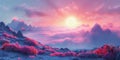 Surreal sunrise over a mystical landscape with pink flora and hovering clouds, ideal for vibrant and fantasy-themed