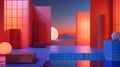 Surreal Sunset Cityscape with Geometric Shapes and Ocean View Royalty Free Stock Photo